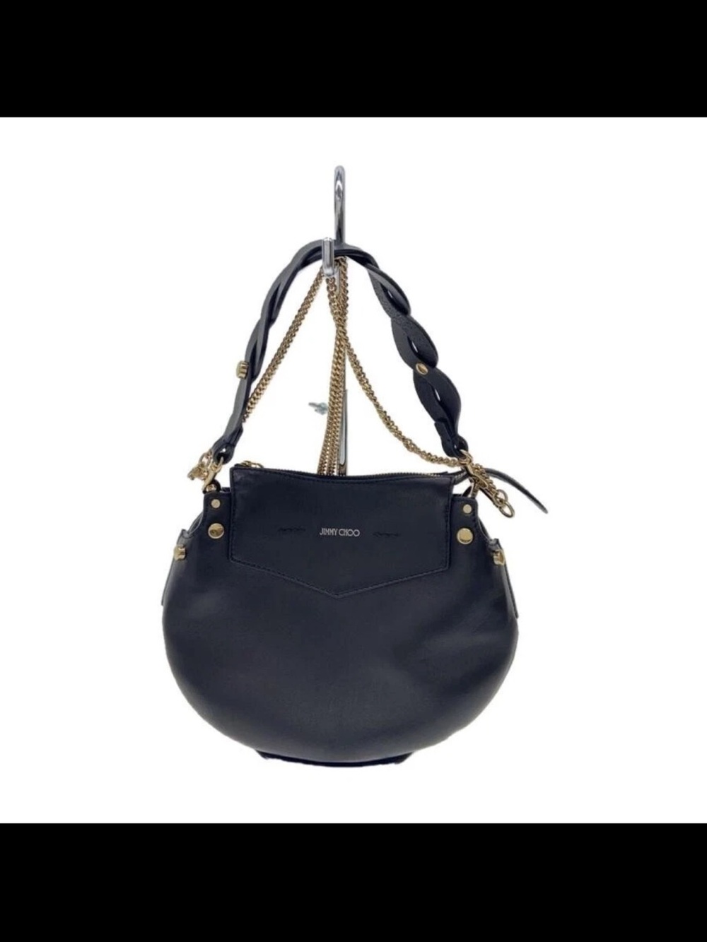 Jimmy Choo Black Leather Round Shoulder Bag with Gold Hardware
